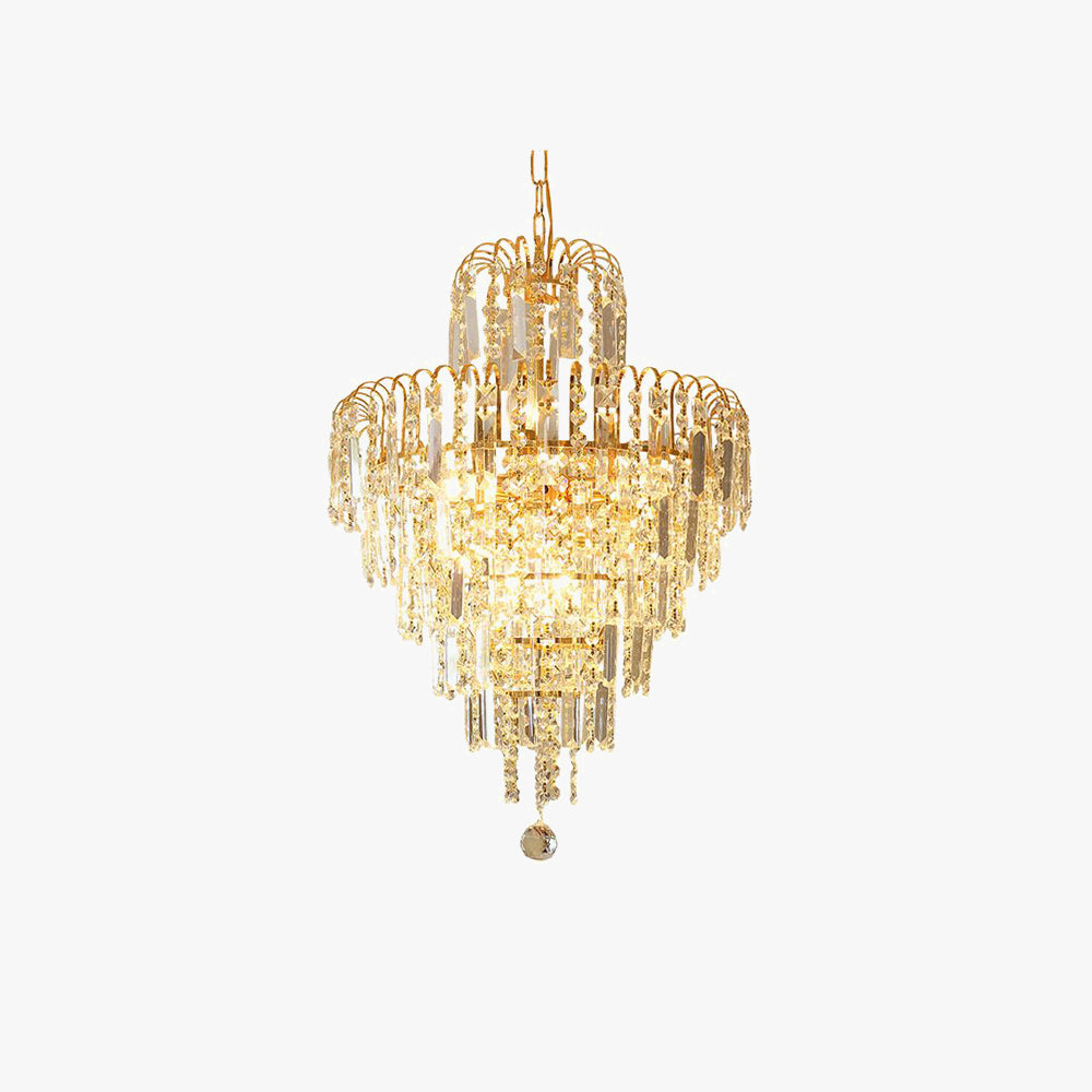 Lampadario in cristallo a cinque livelli con finitura oro per sala da pranzo