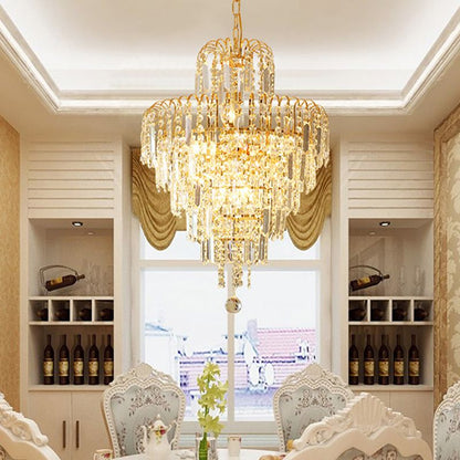 Lampadario in cristallo a cinque livelli con finitura oro per sala da pranzo