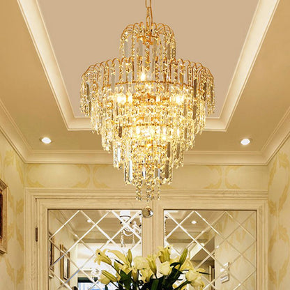 Lampadario in cristallo a cinque livelli con finitura oro per sala da pranzo