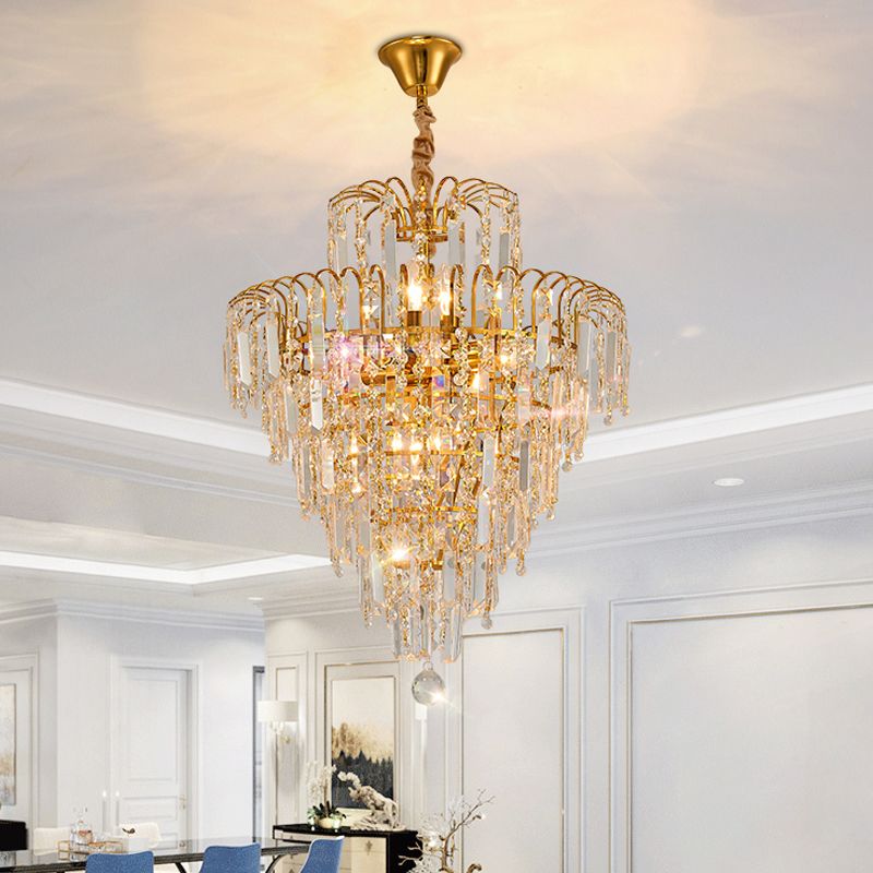 Lampadario in cristallo a cinque livelli con finitura oro per sala da pranzo
