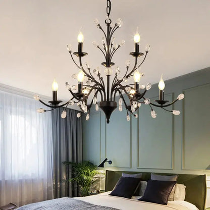 Lampadario in ferro battuto con cristalli a 6 o 9 luci, nero o oro
