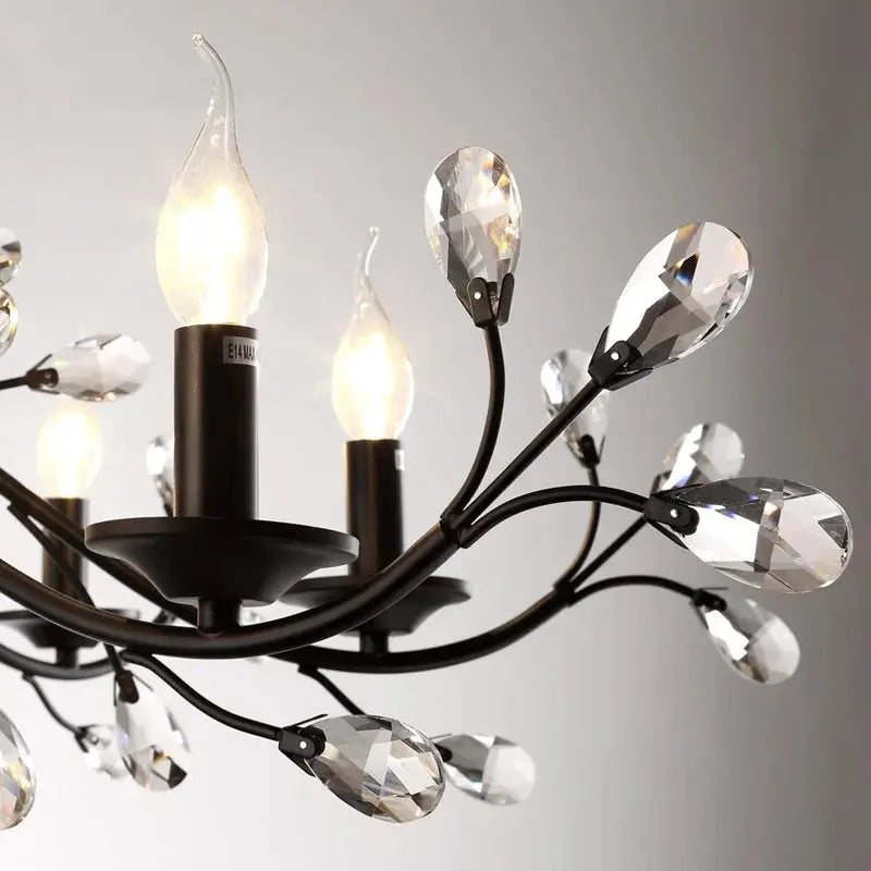 Lampadario in ferro battuto con cristalli a 6 o 9 luci, nero o oro