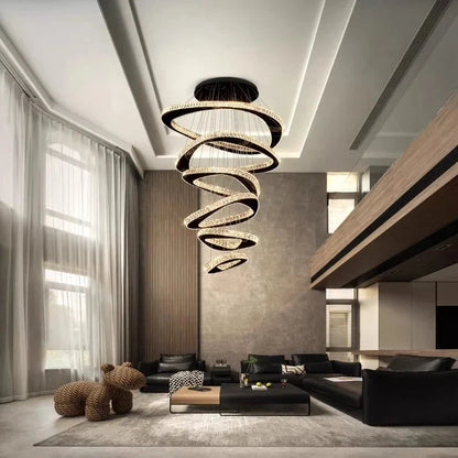 Lampadario LED a spirale con anelli in cristallo per soffitti alti