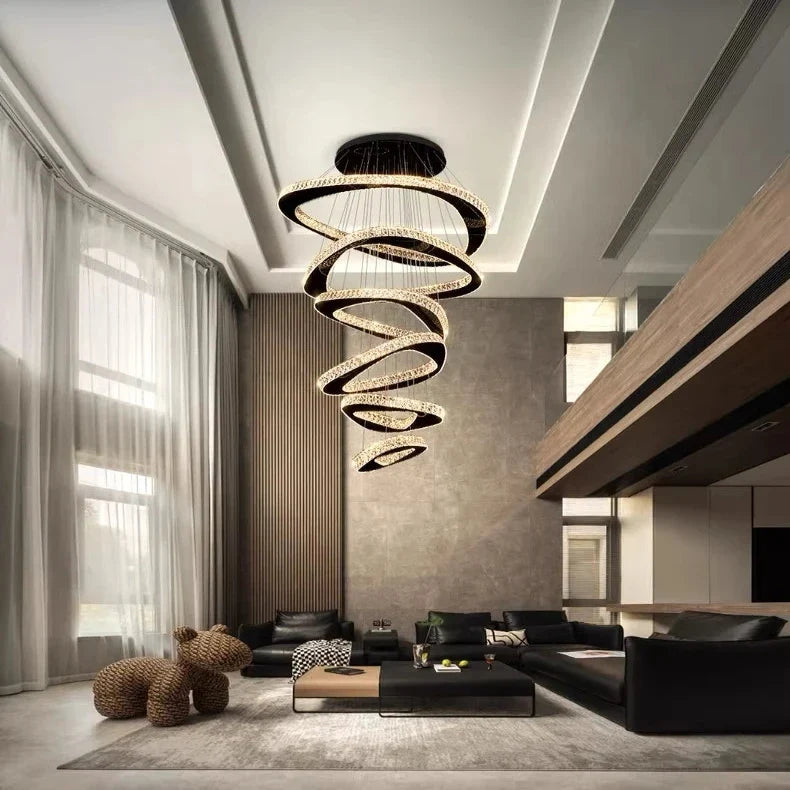 Lampadario LED a spirale con anelli in cristallo per soffitti alti
