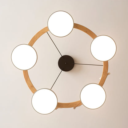 Lampadario LED nordico con anello in legno, paralumi cilindrici multicolore e decoro a uccellino