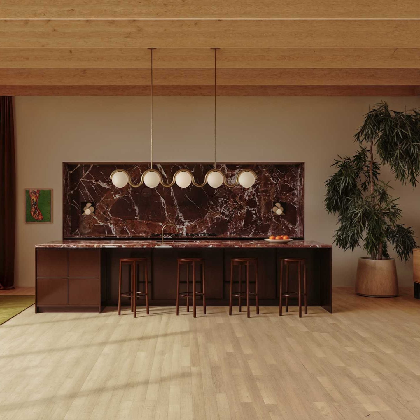 Lampadario lineare ondulato con globi in vetro bianco, design curvo