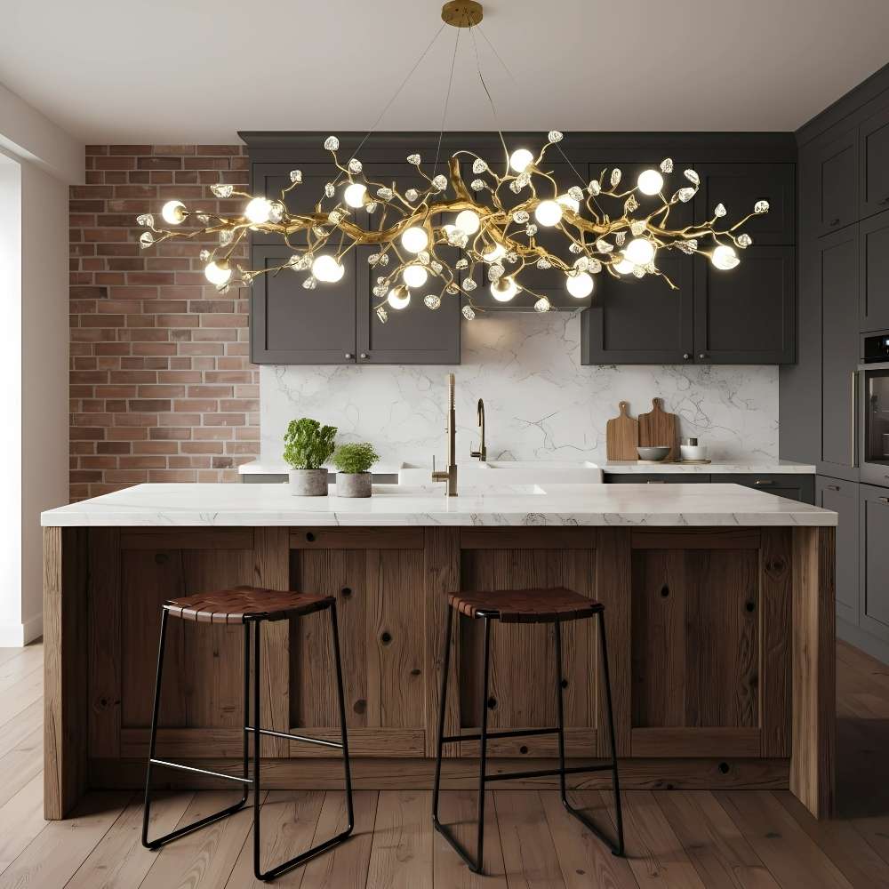 Lampadario lineare Orgi a rami in ottone con globi bianchi, stile rustico moderno