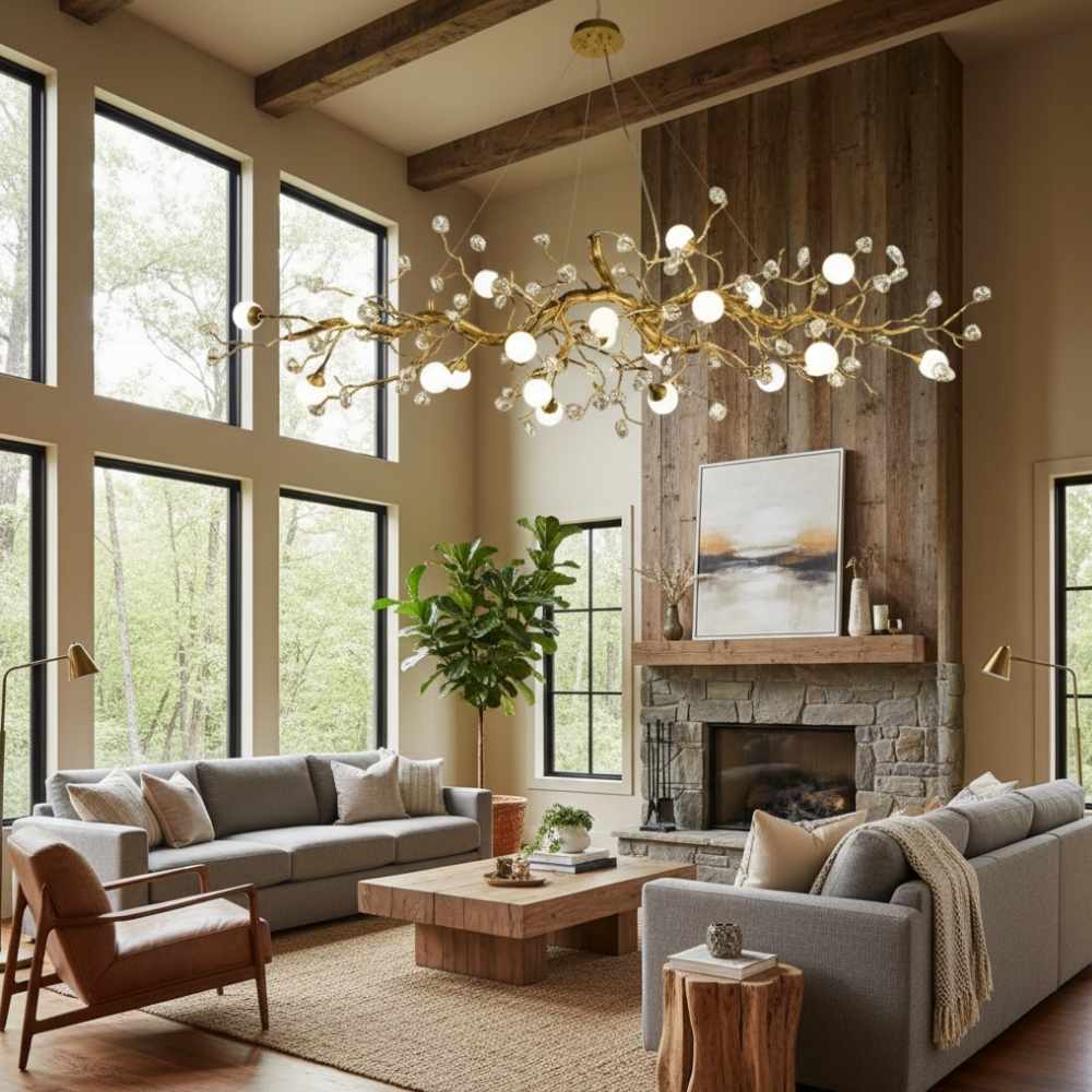Lampadario lineare Orgi a rami in ottone con globi bianchi, stile rustico moderno