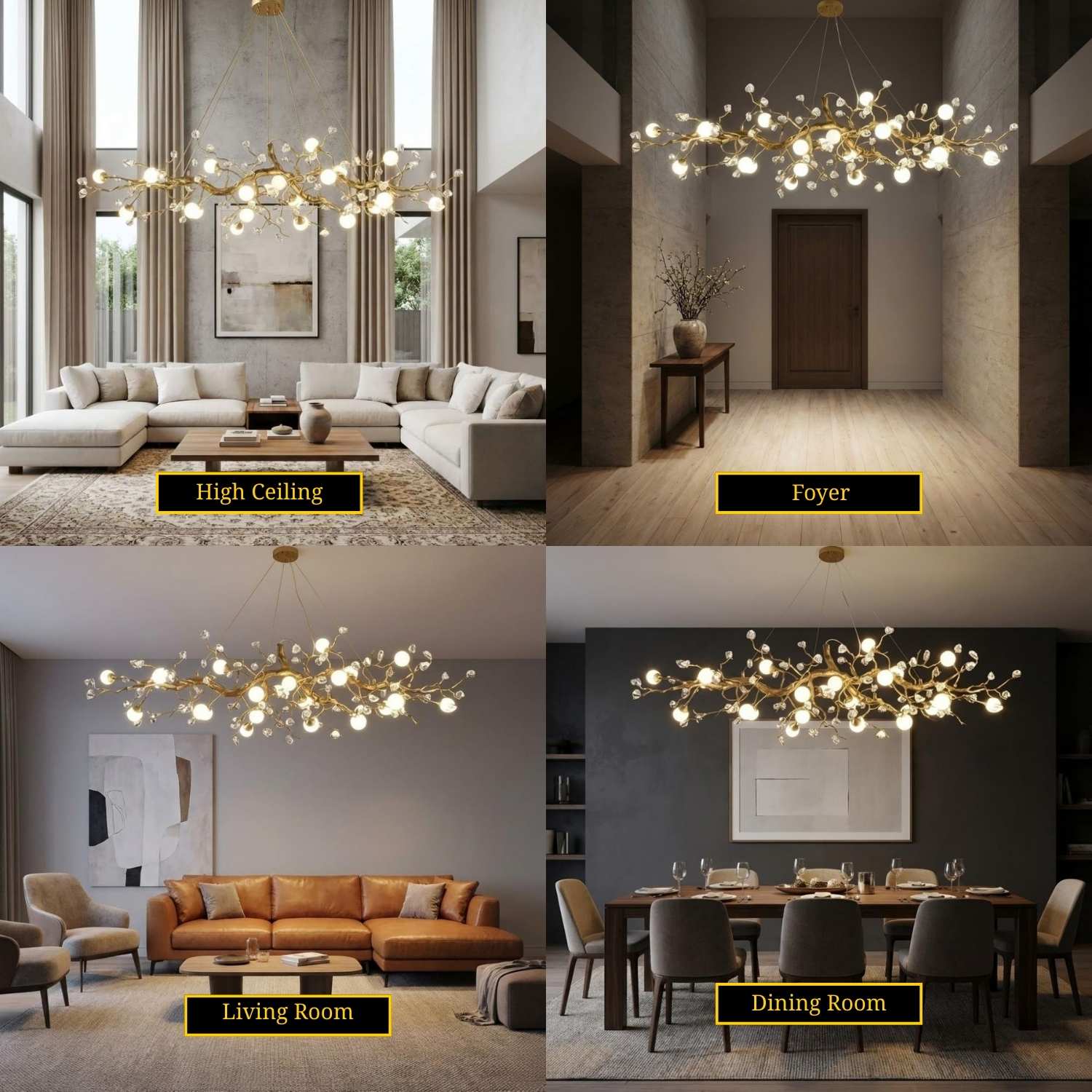 Lampadario lineare Orgi a rami in ottone con globi bianchi, stile rustico moderno