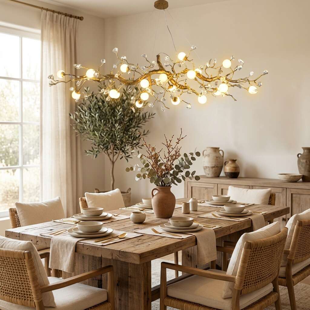 Lampadario lineare Orgi a rami in ottone con globi bianchi, stile rustico moderno