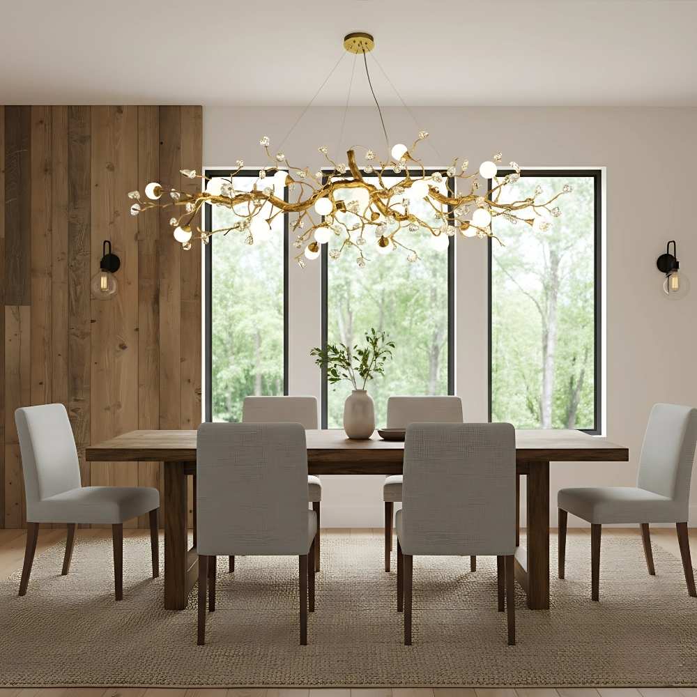 Lampadario lineare Orgi a rami in ottone con globi bianchi, stile rustico moderno