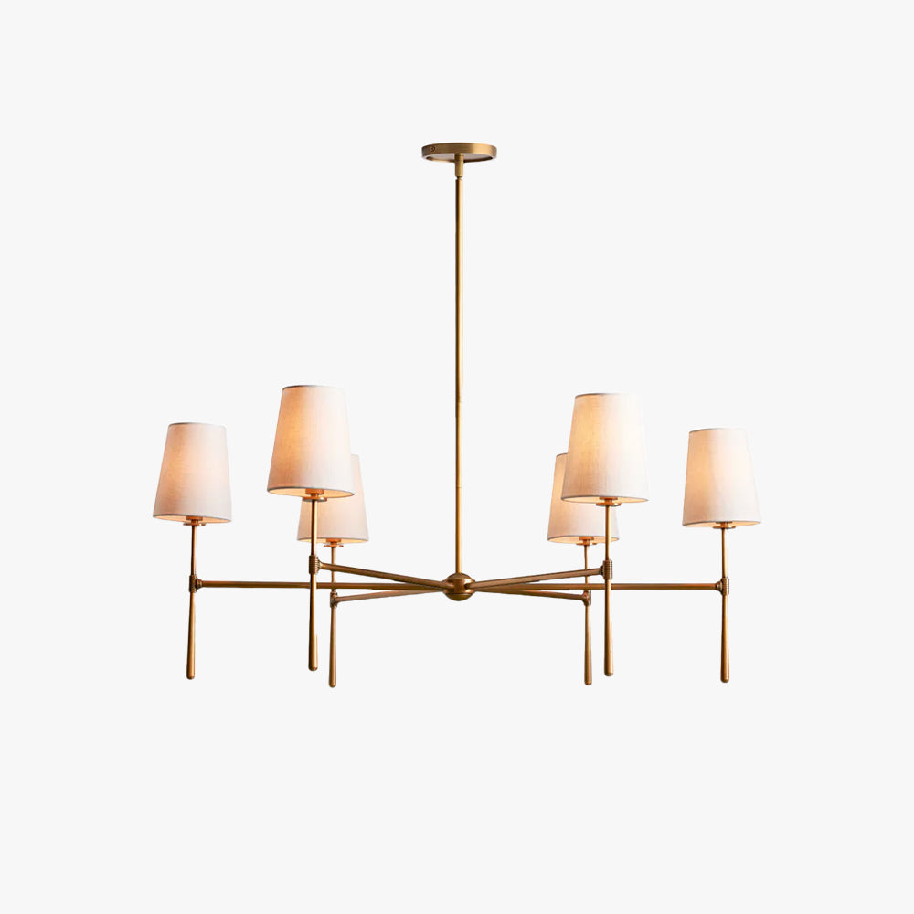 Lampadario mid century in ottone con paralumi in lino a quattro o sei bracci