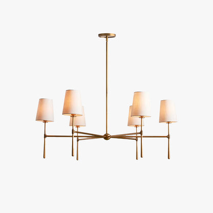 Lampadario mid century in ottone con paralumi in lino a quattro o sei bracci