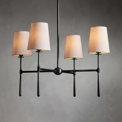 Lampadario mid century in ottone con paralumi in lino a quattro o sei bracci