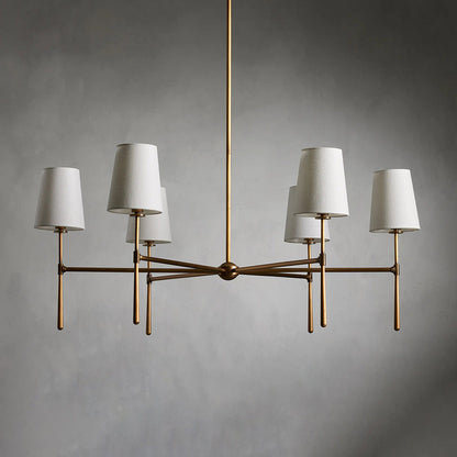 Lampadario mid century in ottone con paralumi in lino a quattro o sei bracci