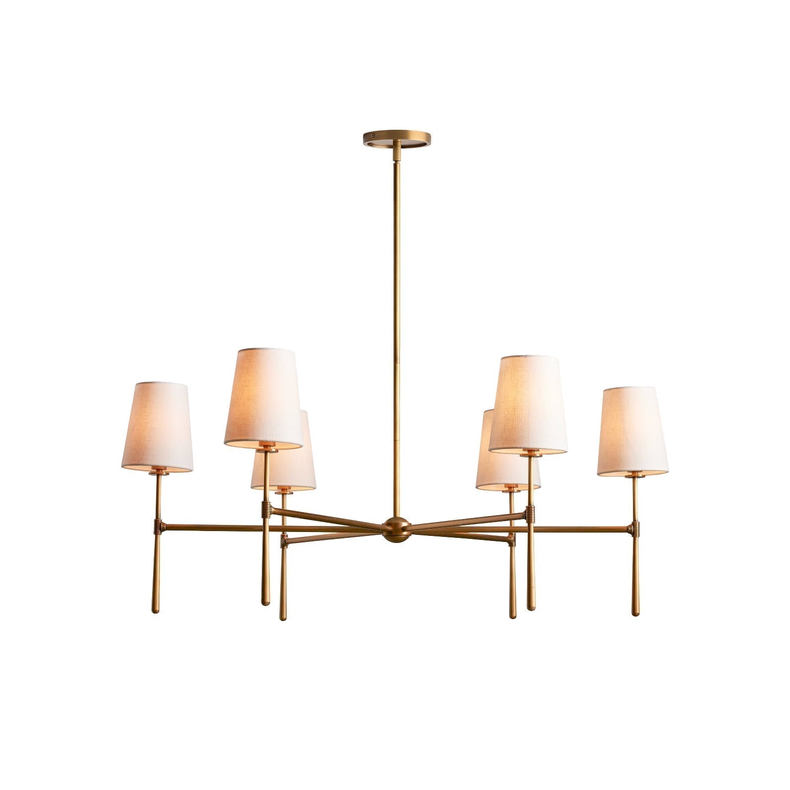 Lampadario mid century in ottone con paralumi in lino a quattro o sei bracci