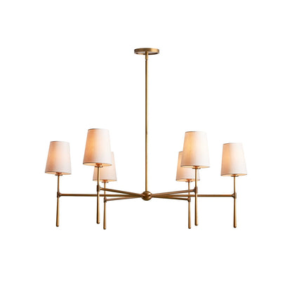 Lampadario mid century in ottone con paralumi in lino a quattro o sei bracci