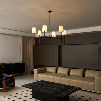 Lampadario mid century in ottone con paralumi in lino a quattro o sei bracci