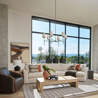Lampadario mid century in ottone con paralumi in lino a quattro o sei bracci