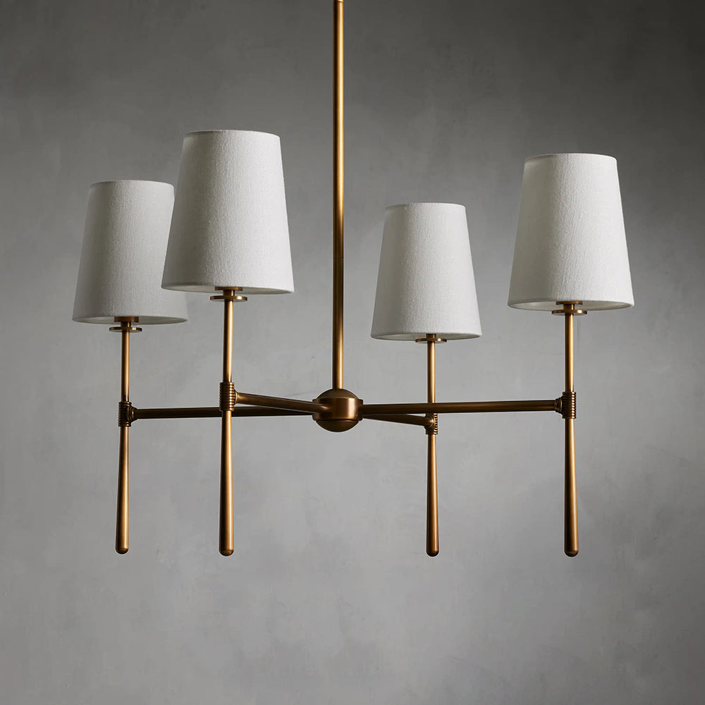 Lampadario mid century in ottone con paralumi in lino a quattro o sei bracci