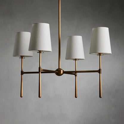 Lampadario mid century in ottone con paralumi in lino a quattro o sei bracci