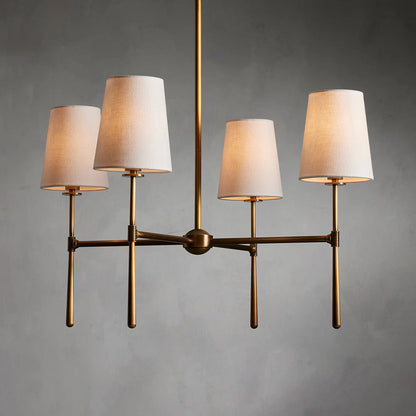 Lampadario mid century in ottone con paralumi in lino a quattro o sei bracci