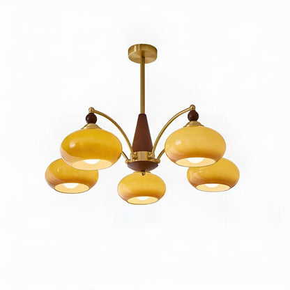 Lampadario mid century in ottone con paralumi in vetro per sala da pranzo