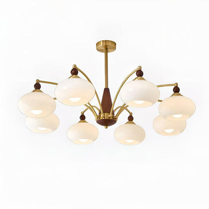 Lampadario mid century in ottone con paralumi in vetro per sala da pranzo