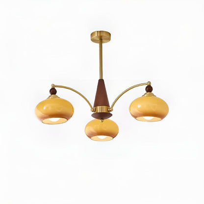 Lampadario mid century in ottone con paralumi in vetro per sala da pranzo