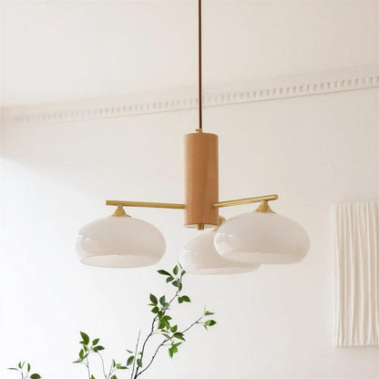 Lampadario mid century in ottone e vetro opalino per sala da pranzo