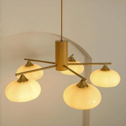 Lampadario mid century in ottone e vetro opalino per sala da pranzo