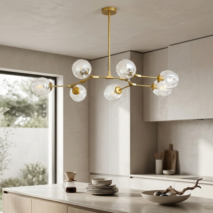Lampadario mid century oro a rami con globi in vetro trasparente da soffitto