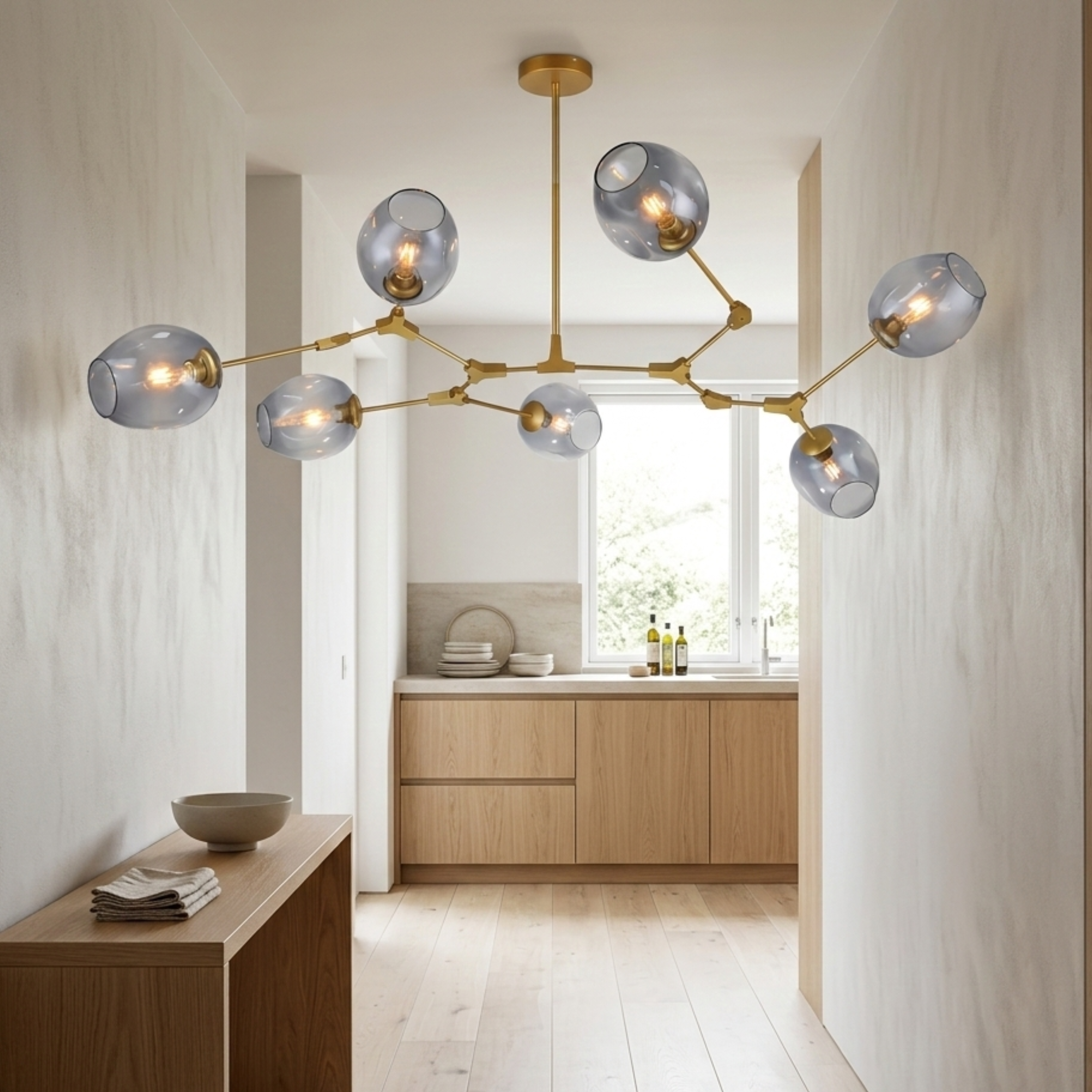 Lampadario mid century oro a rami con globi in vetro trasparente da soffitto