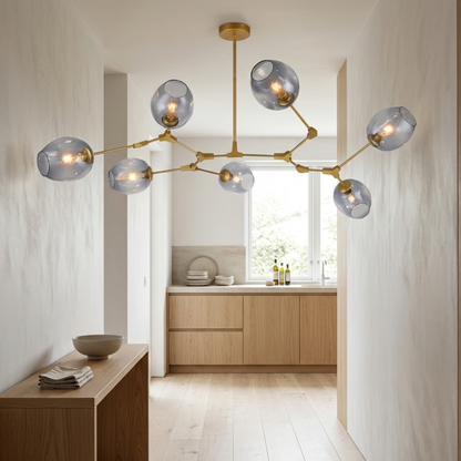 Lampadario mid century oro a rami con globi in vetro trasparente da soffitto