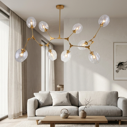 Lampadario mid century oro a rami con globi in vetro trasparente da soffitto