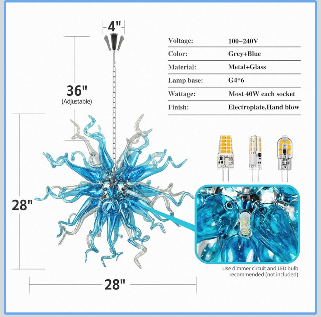 Lampadario moderno in vetro blu acqua