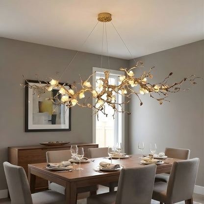 Lampadario Noa a rami con fiori in vetro e struttura in rame