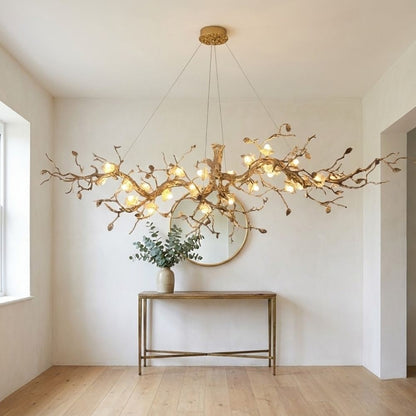 Lampadario Noa a rami con fiori in vetro e struttura in rame