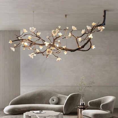 Lampadario rustico Minas a rami d'albero in rame nero con fiori in ceramica