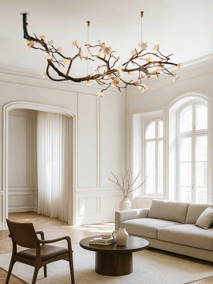 Lampadario rustico Minas a rami d'albero in rame nero con fiori in ceramica