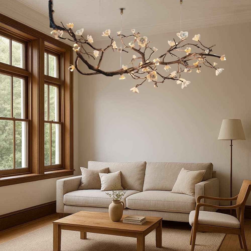 Lampadario rustico Minas a rami d'albero in rame nero con fiori in ceramica
