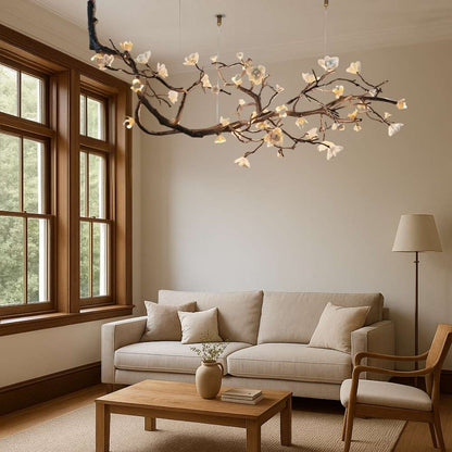 Lampadario rustico Minas a rami d'albero in rame nero con fiori in ceramica