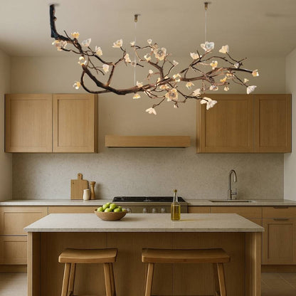 Lampadario rustico Minas a rami d'albero in rame nero con fiori in ceramica