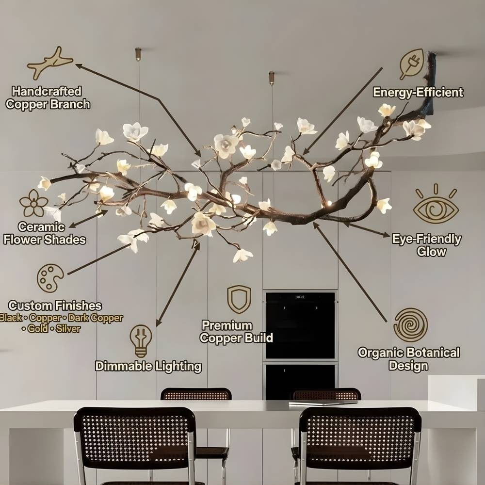 Lampadario rustico Minas a rami d'albero in rame nero con fiori in ceramica