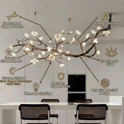 Lampadario rustico Minas a rami d'albero in rame nero con fiori in ceramica