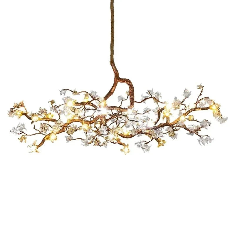 Lampadario scultoreo a rami Asut in rame con fiori in vetro