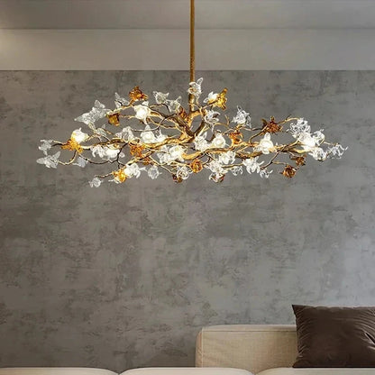 Lampadario scultoreo a rami Asut in rame con fiori in vetro