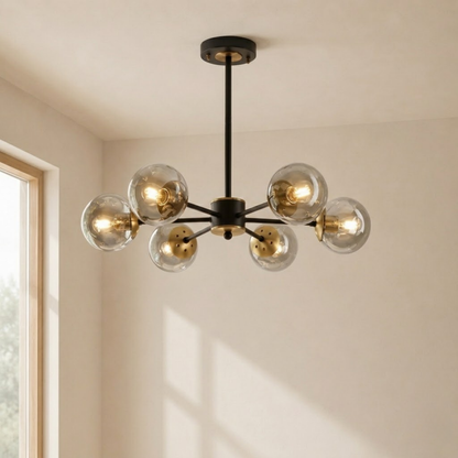 Lampadario sputnik nero mid century con globi in vetro fumé