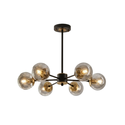 Lampadario sputnik nero mid century con globi in vetro fumé