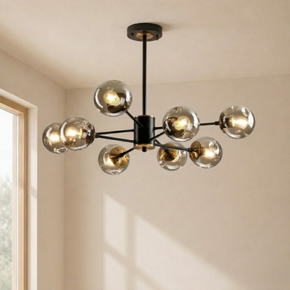 Lampadario sputnik nero mid century con globi in vetro fumé